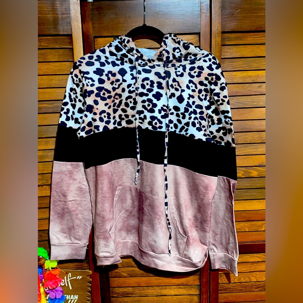 Shein Colorblock Dusty Rose Tie Dye Black Leopard Stripe Hooded Sweatshirt Sz M